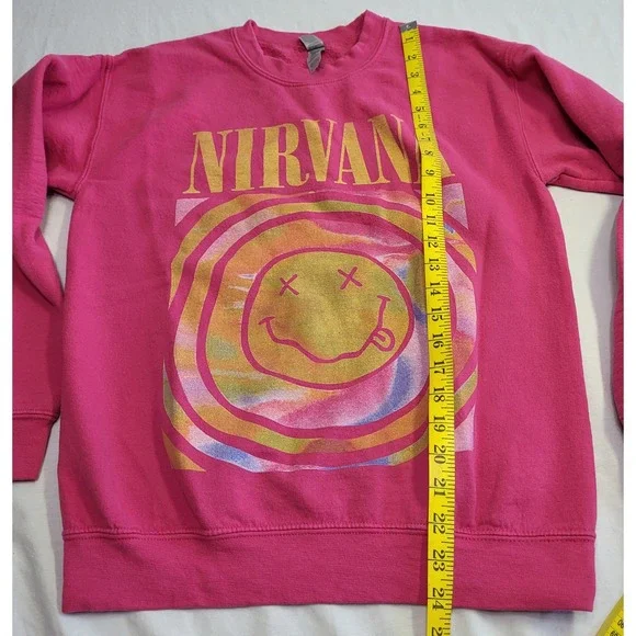 Nirvana Graphic Sweatshirt Unisex Small Pink Smiley Face Tie Dye Logo - Picture 6 of 12